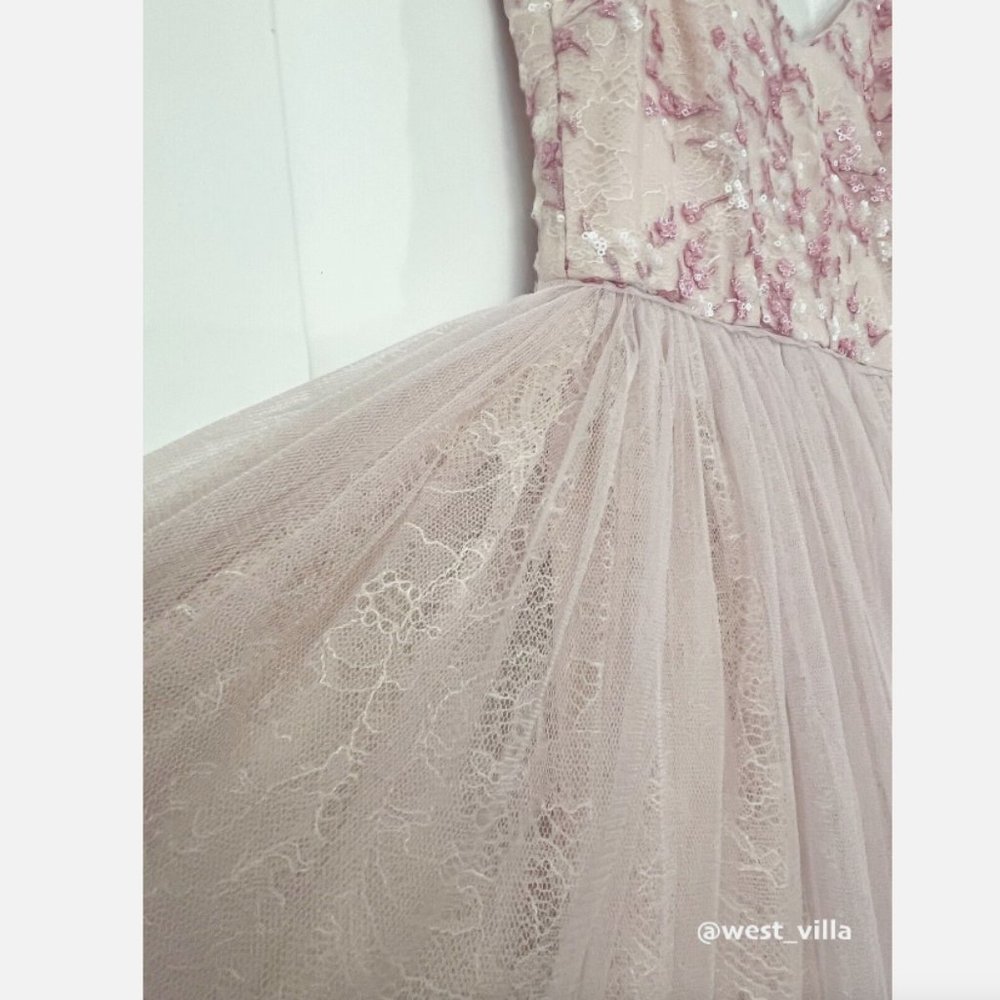 CLUNY DRESS Adrianna Papell Anthropologie Pink Sequined Embroidered Tulle - Picture 10 of 12